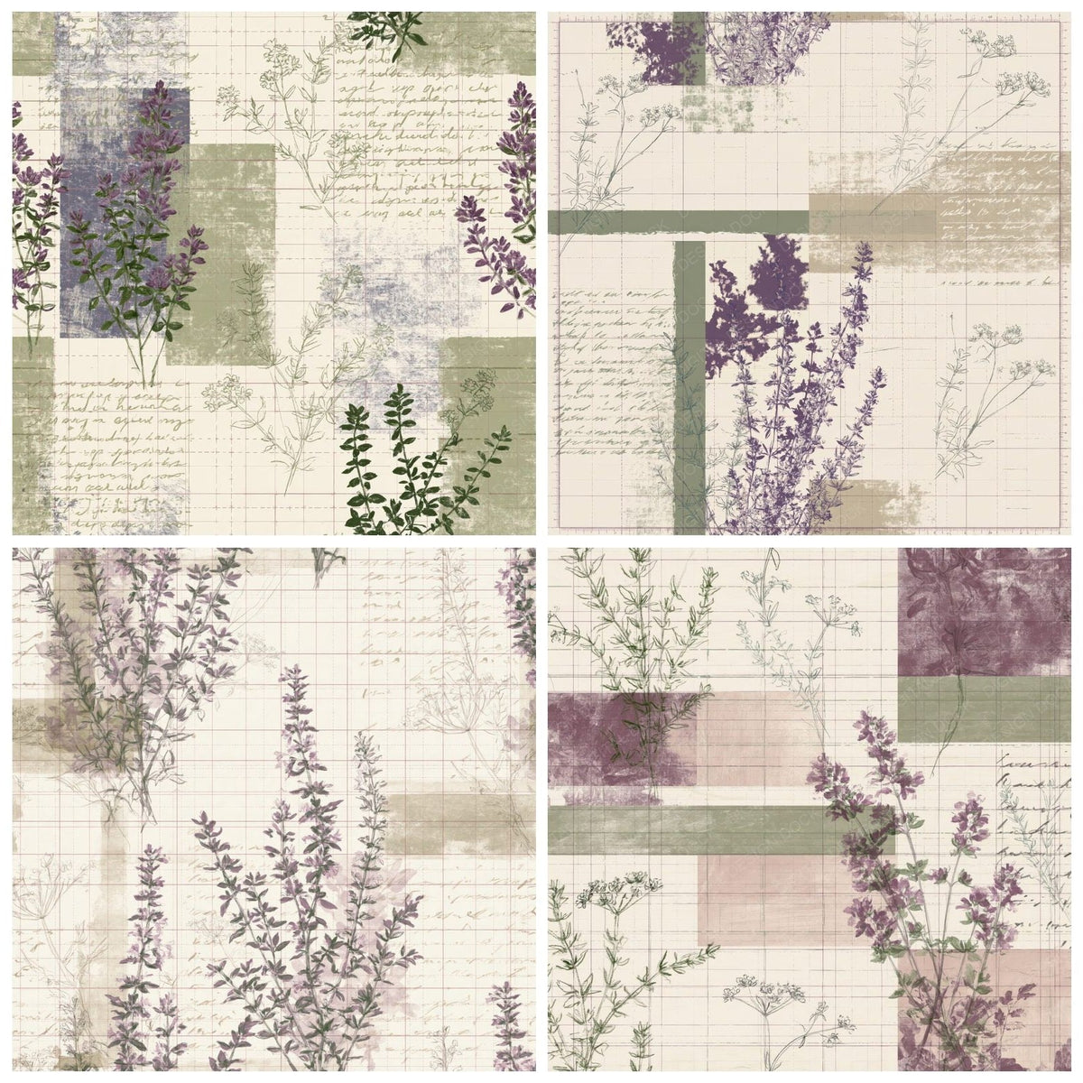 Four Pattern Studio Wild Thyme Cream Thyme Purple Downland Green digital papers from the pack shown in a grid