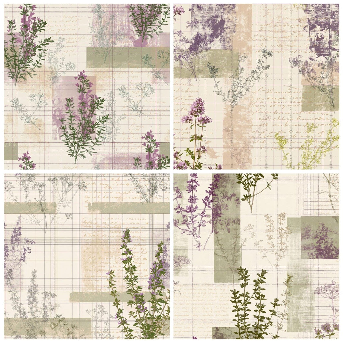 Four more Pattern Studio Wild Thyme Cream Thyme Purple Downland Green digital papers from the pack shown in a grid