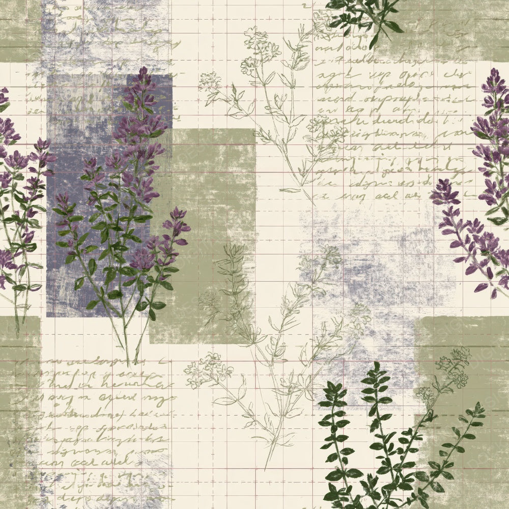 Single Pattern Studio Wild Thyme Cream Thyme Purple Downland Green digital paper shown full size
