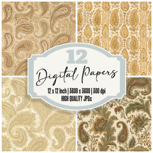 Provencal Indienne Print Provence Cream Ochre Yellow Olive Seamless digital paper pack cover showing four of the 12 papers