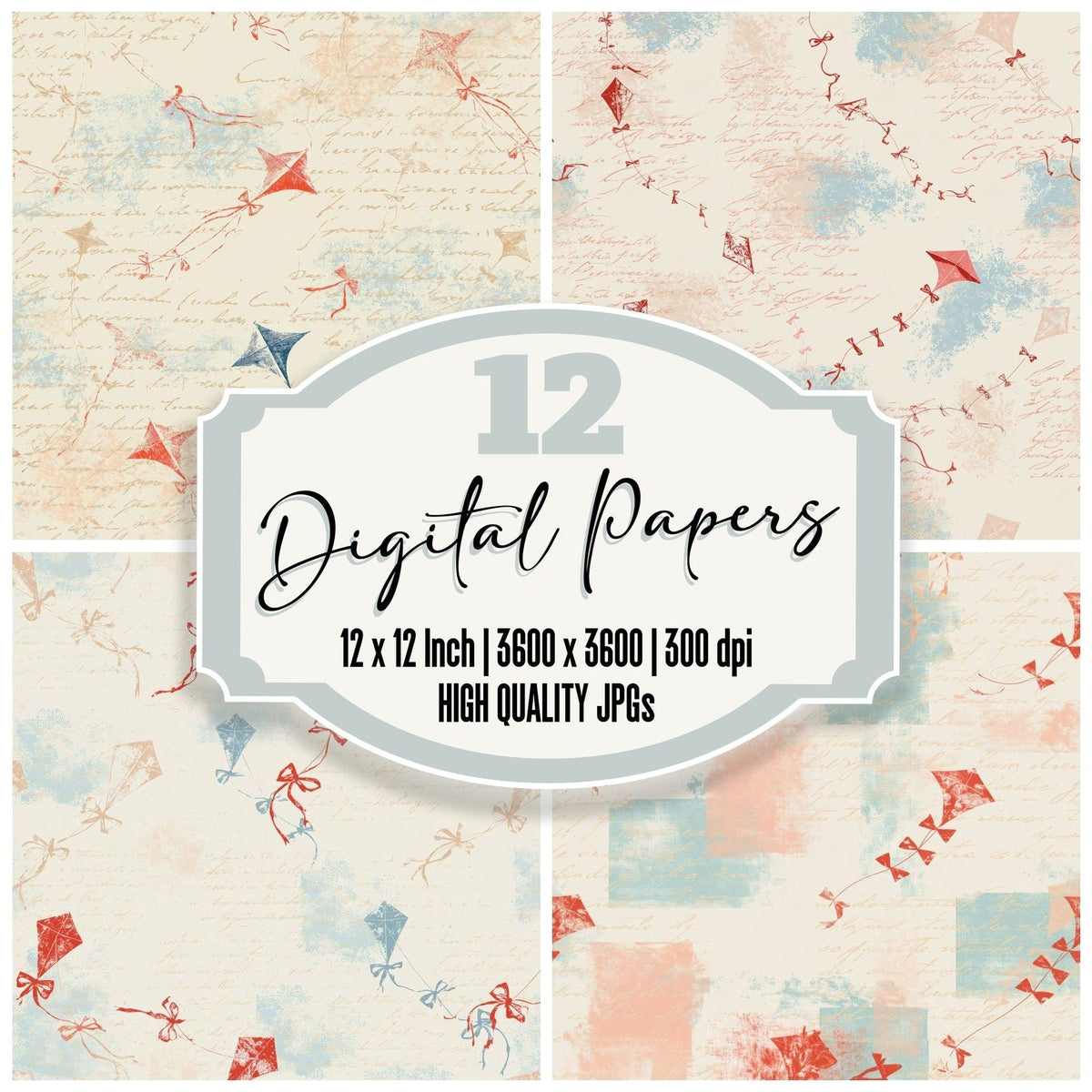 Vintage Kite Summer Sky Cream Dusty Red Sky Blue digital paper pack cover showing four of the 12 papers