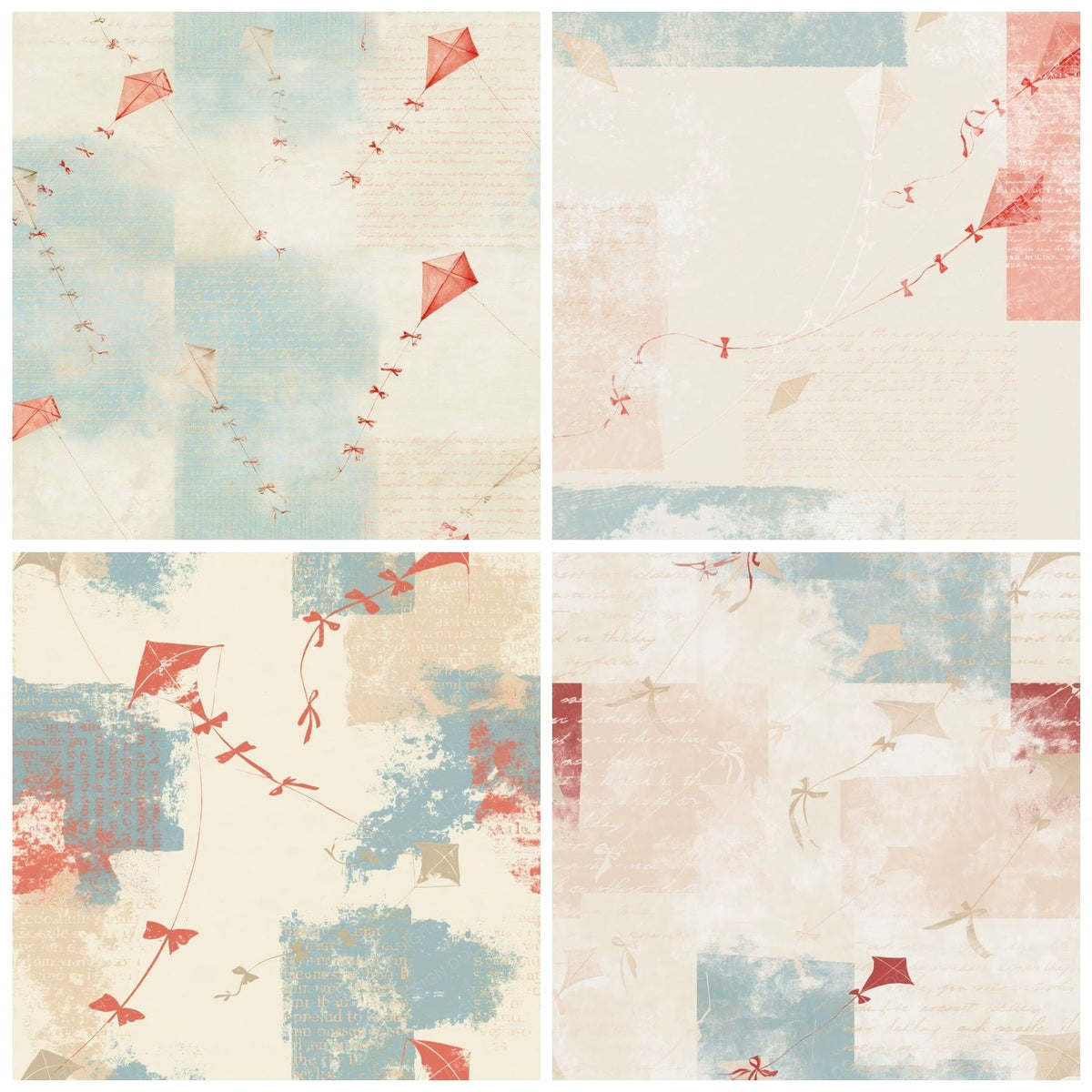 Four more Vintage Kite Summer Sky Cream Dusty Red Sky Blue digital papers from the pack shown in a grid