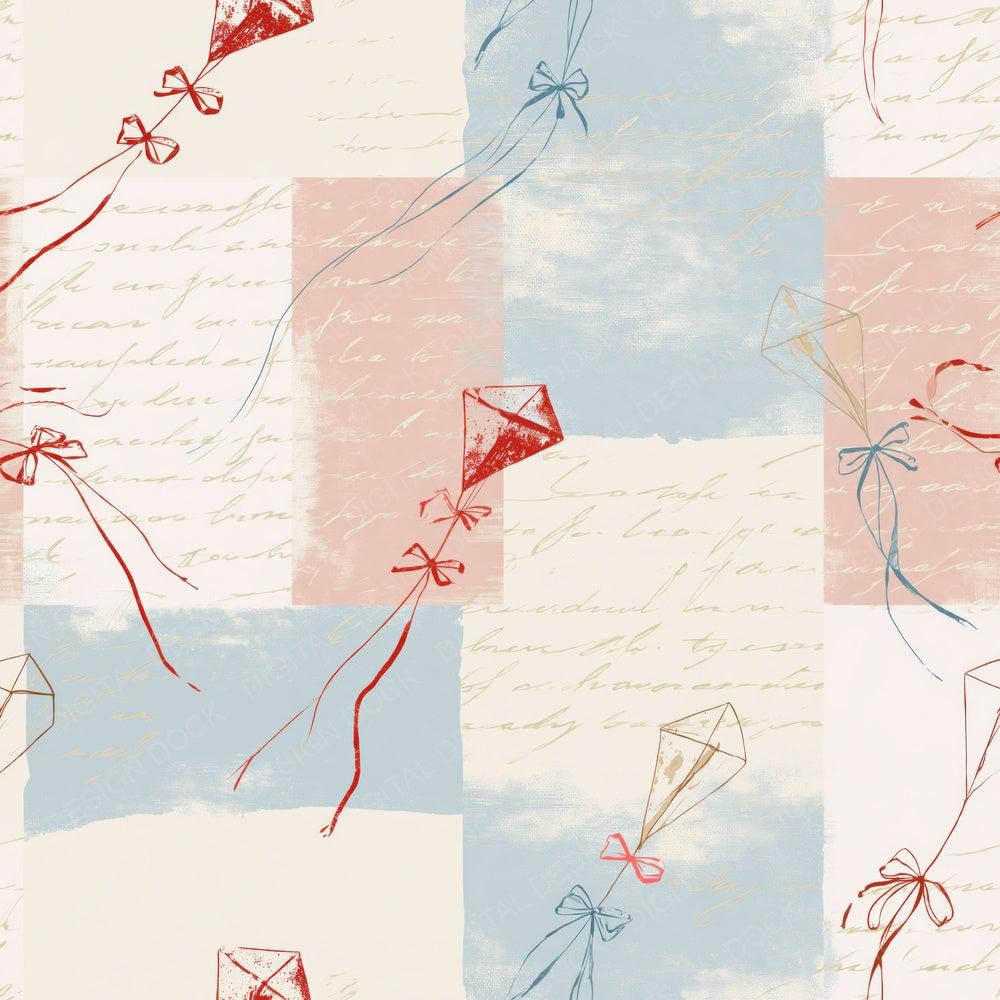 Another Vintage Kite Summer Sky Cream Dusty Red Sky Blue digital paper shown full size