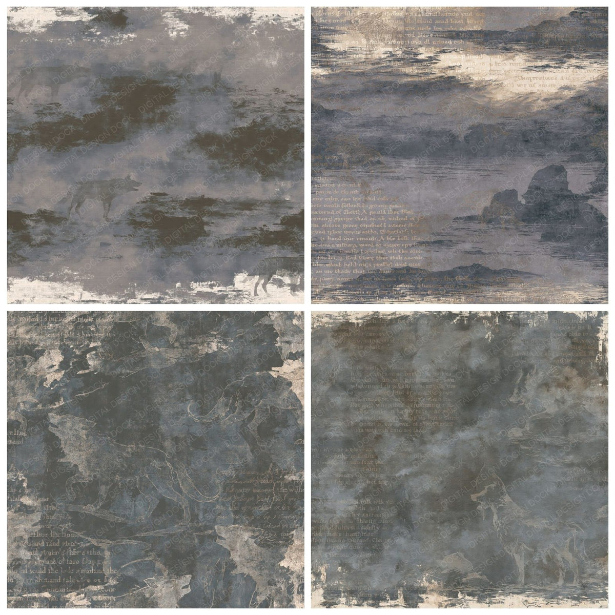 Four more Wulver Cryptid Shetland Sea Grey Shaggy Brown Bone digital papers from the pack shown in a grid