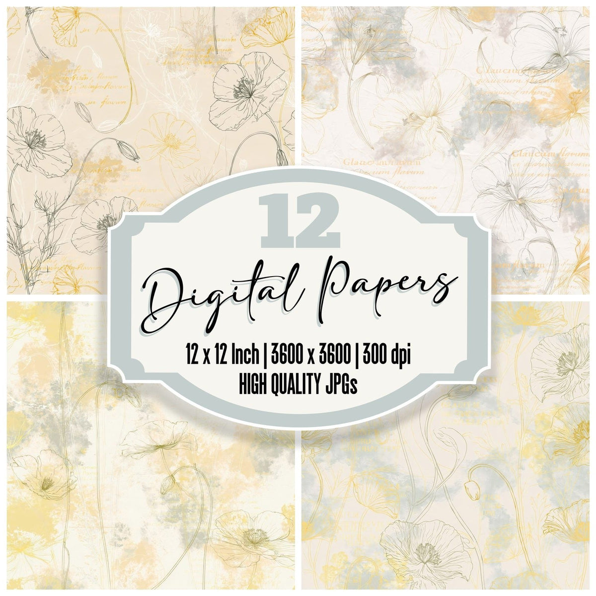 Yellow Horned Poppy Flower Shingle Cream Poppy Yellow Glaucous Grey digital paper pack cover showing four of the 12 papers