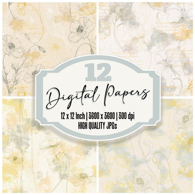 Yellow Horned Poppy Flower Shingle Cream Poppy Yellow Glaucous Grey digital paper pack cover showing four of the 12 papers