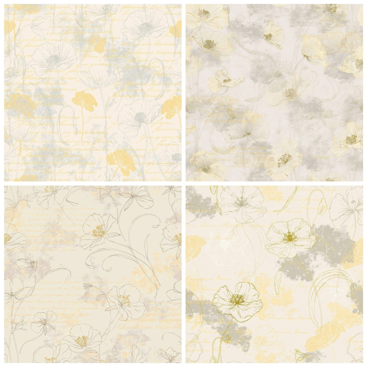 Four Yellow Horned Poppy Flower Shingle Cream Poppy Yellow Glaucous Grey digital papers from the pack shown in a grid