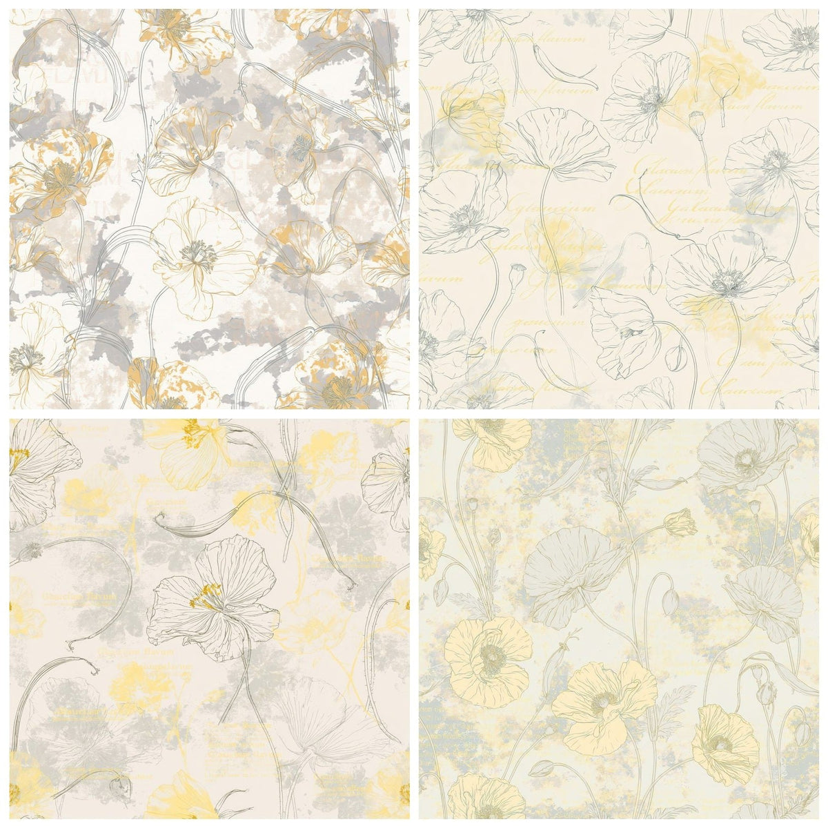 Four more Yellow Horned Poppy Flower Shingle Cream Poppy Yellow Glaucous Grey digital papers from the pack shown in a grid