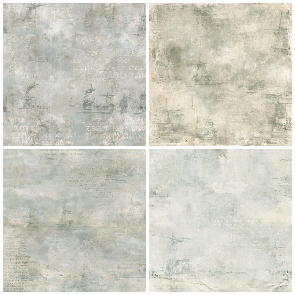 Four Zaanse Schans Windmills Polder Sky Grey Zaan Green Bone digital papers from the pack shown in a grid