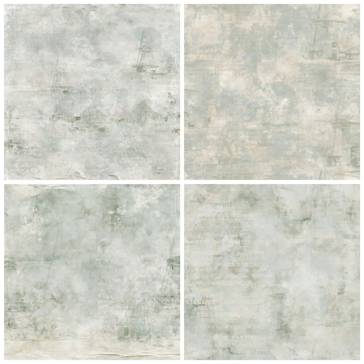 Four more Zaanse Schans Windmills Polder Sky Grey Zaan Green Bone digital papers from the pack shown in a grid