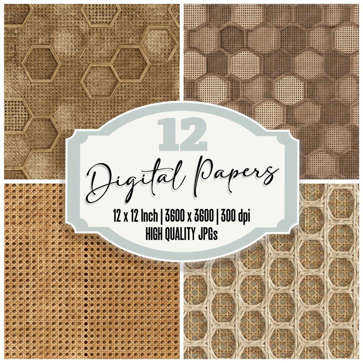 Cane Webbing Cane Honey Aged Rattan Tan Bone Seamless digital paper pack cover showing four of the 12 papers