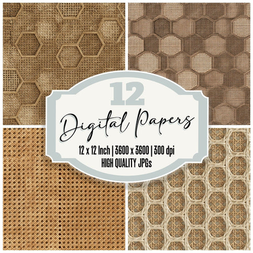 Cane Webbing Cane Honey Aged Rattan Tan Bone Seamless digital paper pack cover showing four of the 12 papers