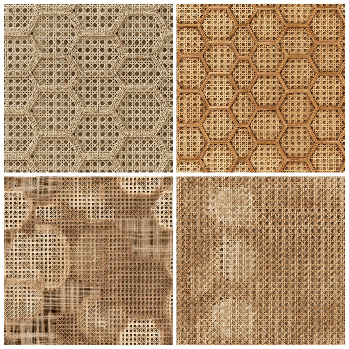 Four more Cane Webbing Cane Honey Aged Rattan Tan Bone Seamless digital papers from the pack shown in a grid
