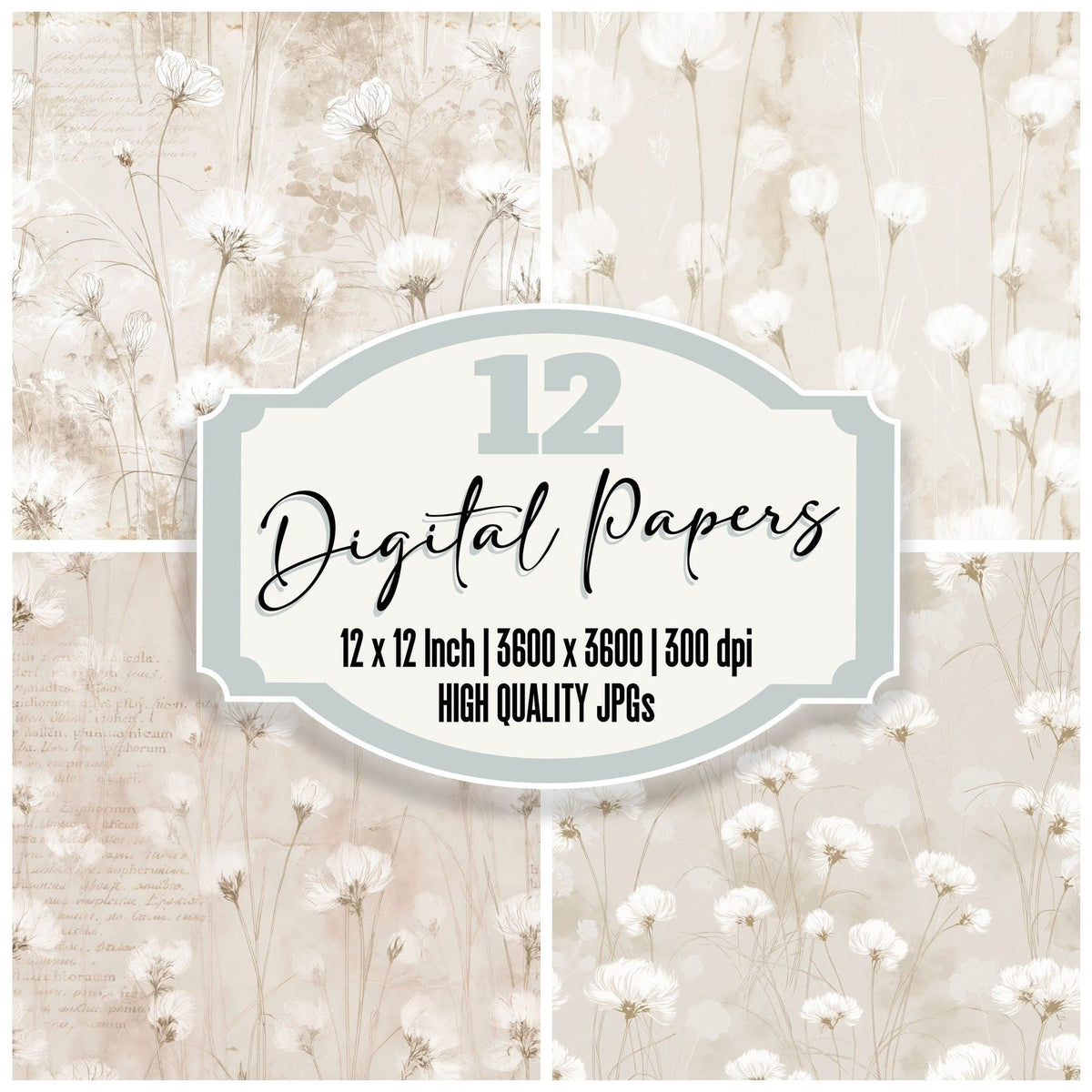 Cotton Grass Botanical Blanket Bog Cream Cotton White Peat Brown digital paper pack cover showing four of the 12 papers
