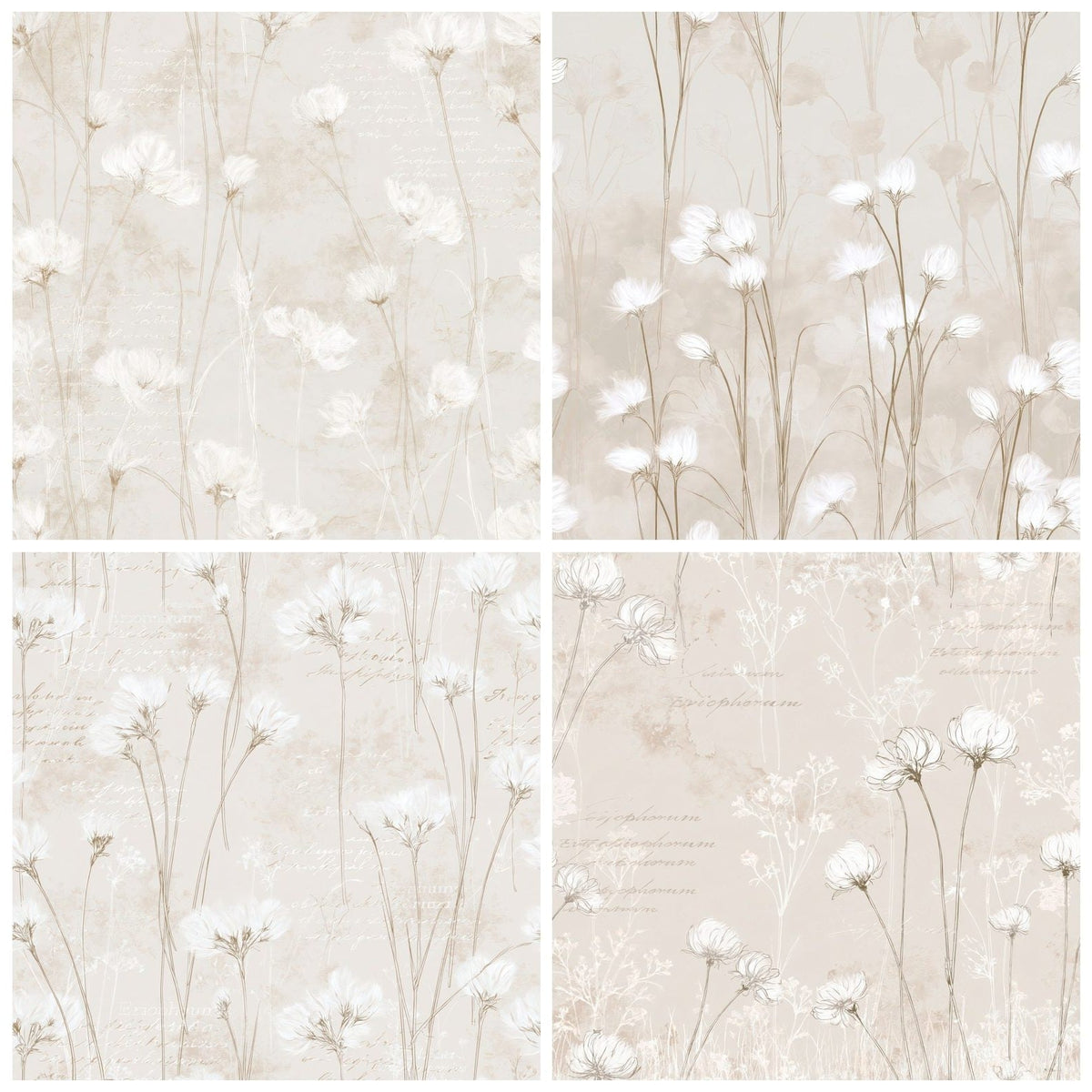 Four Cotton Grass Botanical Blanket Bog Cream Cotton White Peat Brown digital papers from the pack shown in a grid