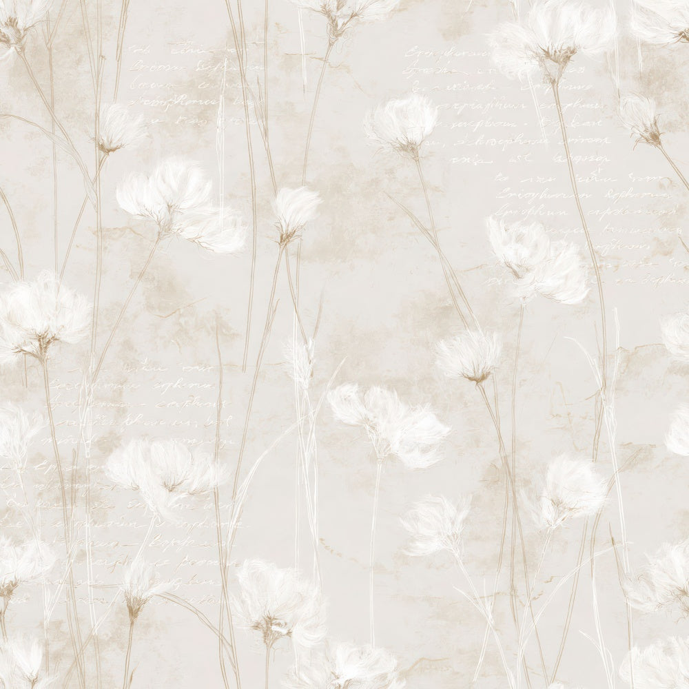 Single Cotton Grass Botanical Blanket Bog Cream Cotton White Peat Brown digital paper shown full size