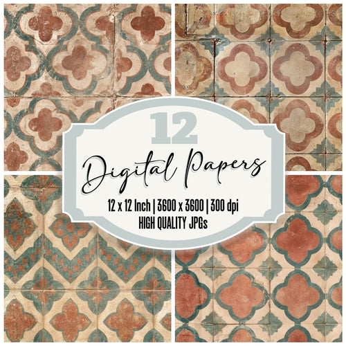 Encaustic Cement Tile Tile Cream Aged Terracotta Teal Seamless digital paper pack cover showing four of the 12 papers