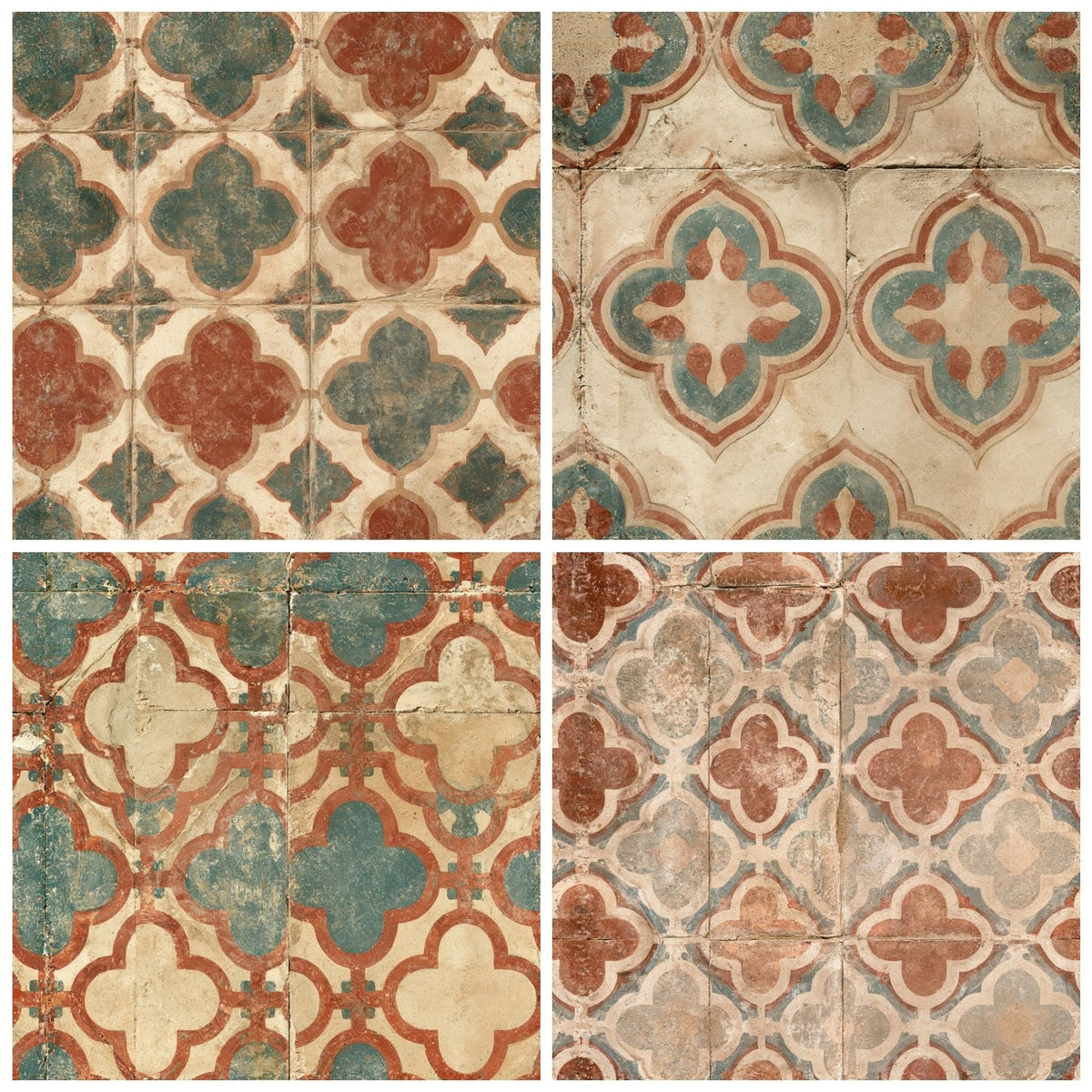 Four more Encaustic Cement Tile Tile Cream Aged Terracotta Teal Seamless digital papers from the pack shown in a grid