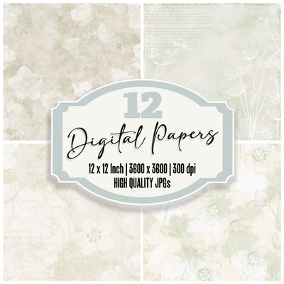 Grass Of Parnassus Flower Wet Flush Cream Bloom Sedge Green digital paper pack cover showing four of the 12 papers
