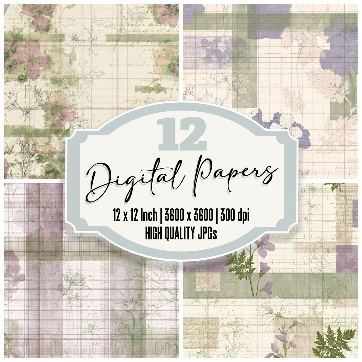 Pattern Studio Cuckooflower Bone Cuckooflower Lilac Meadow Green digital paper pack cover showing four of the 12 papers