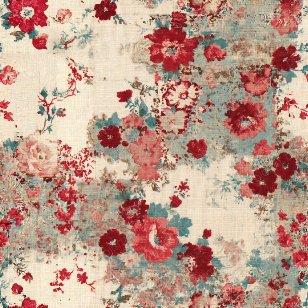 Another Vintage Feedsack Print Flour Sack Cream Cherry Red Duck Egg Seamless digital paper shown full size