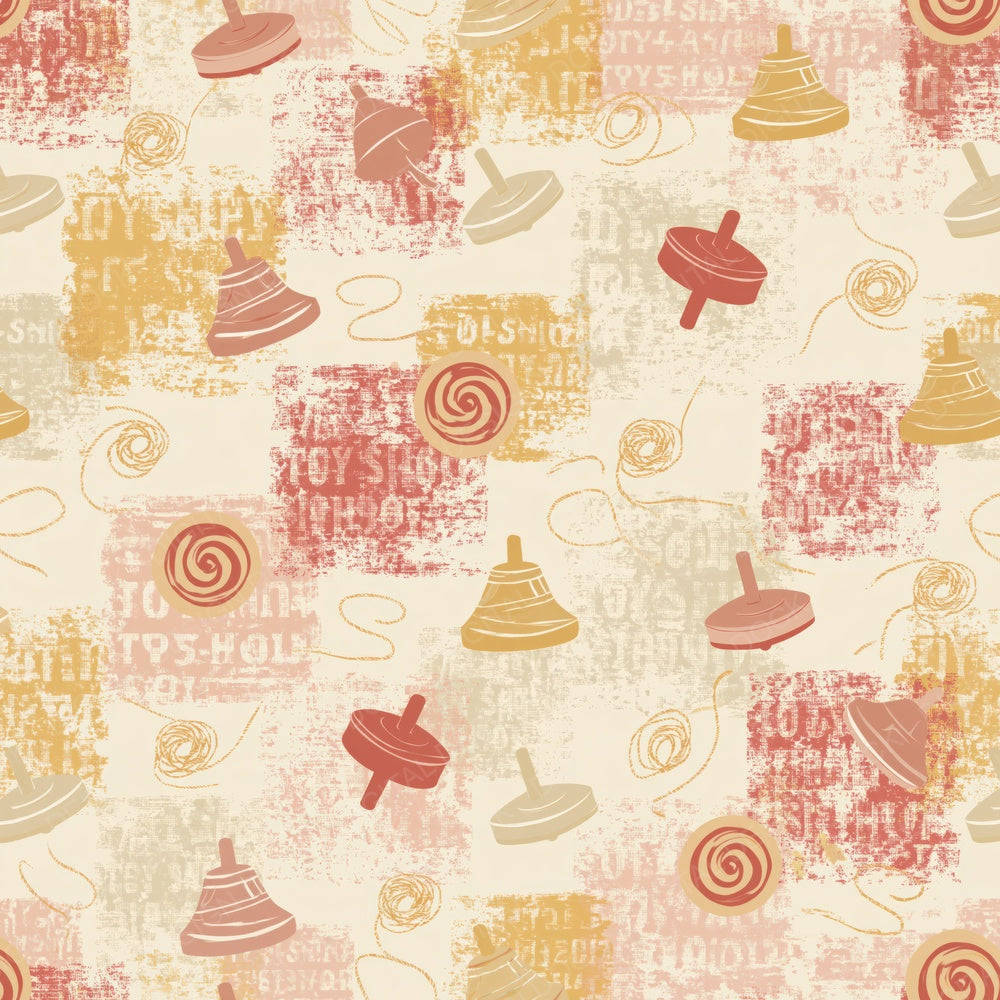 Single Vintage Spinning Top Nursery Cream Dusty Red Mustard digital paper shown full size