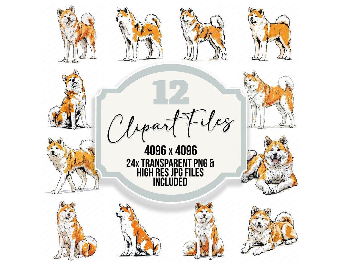 Akita Watercolour Dog clipart set cover showing the designs and file details