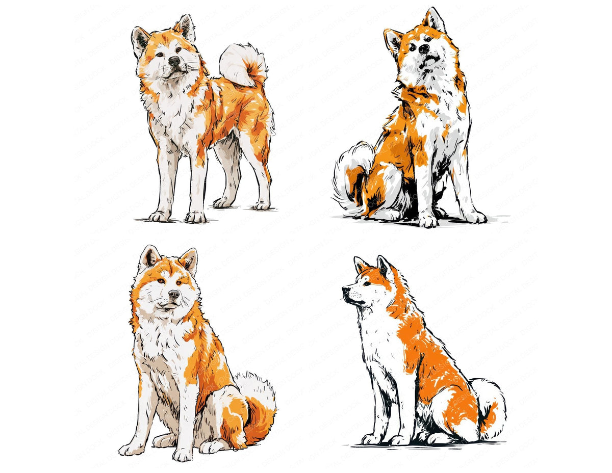 Four Akita Watercolour Dog clipart designs from the set