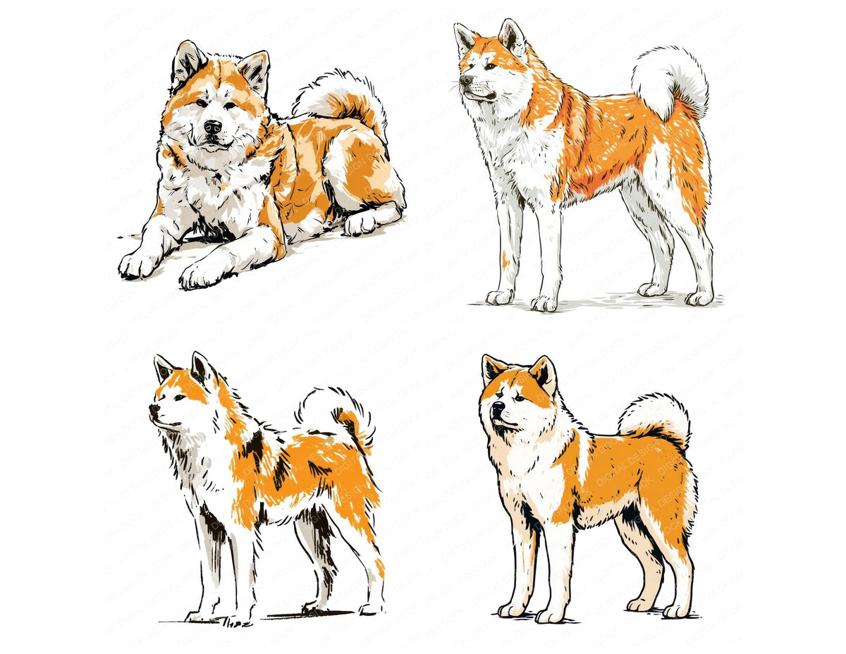 Four more Akita Watercolour Dog clipart designs from the set