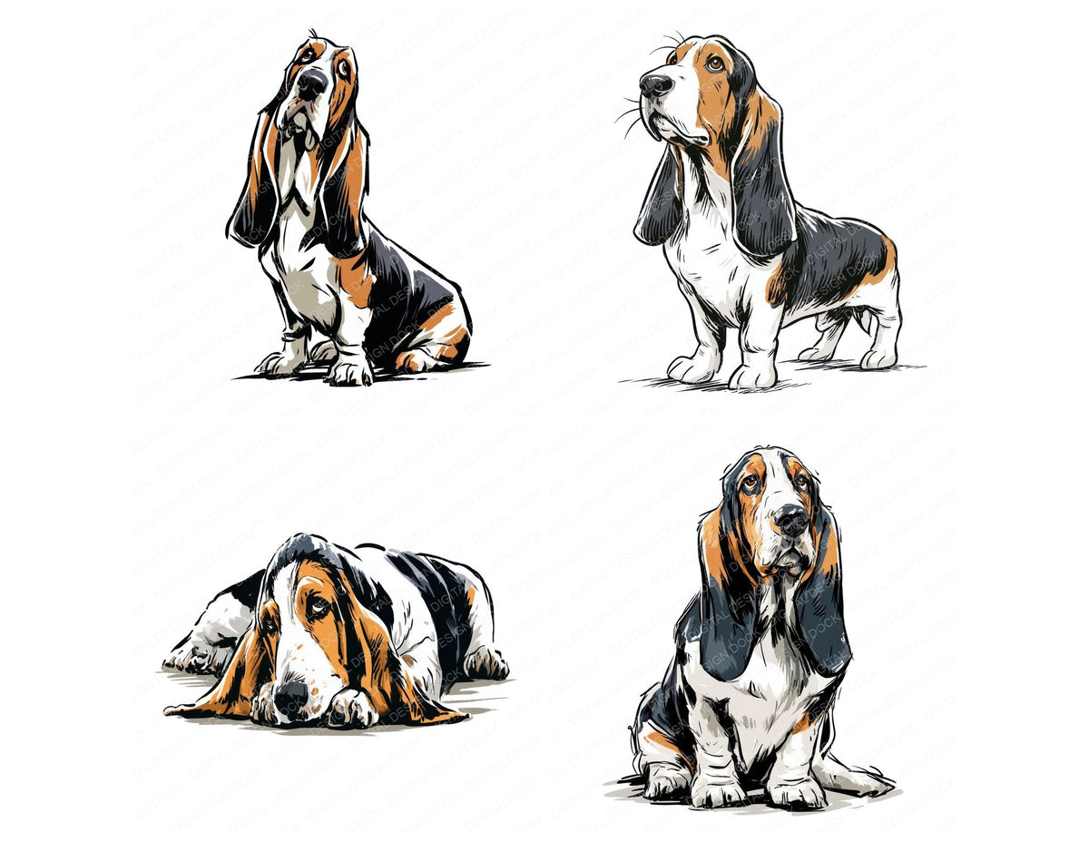 Four Basset Hound Watercolour Dog clipart designs from the set