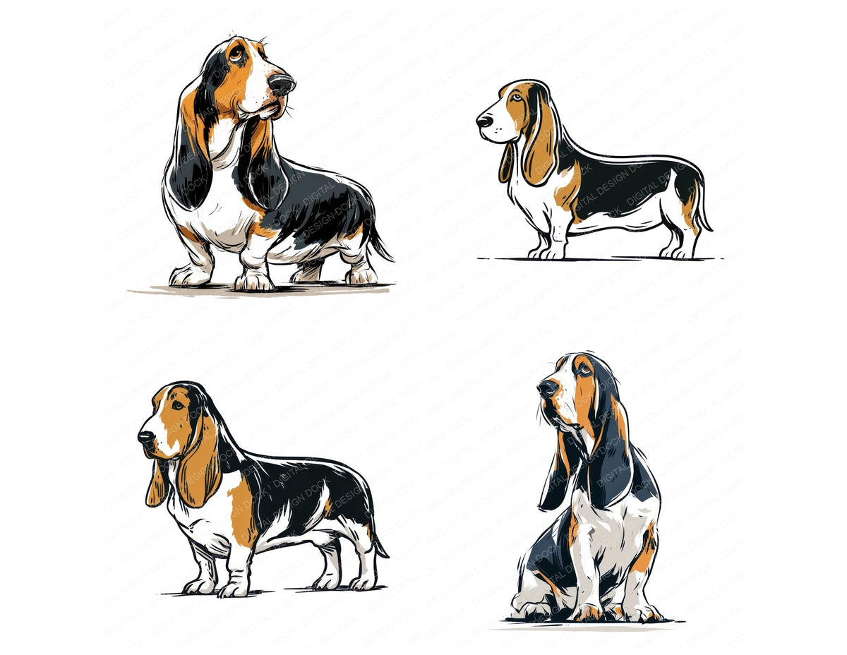 Four more Basset Hound Watercolour Dog clipart designs from the set
