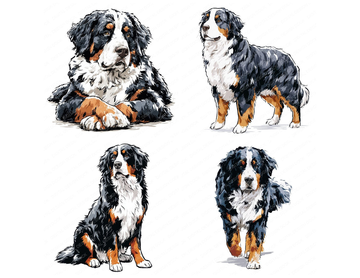 Four more Bernese Mountain Dog Watercolour Dog clipart designs from the set