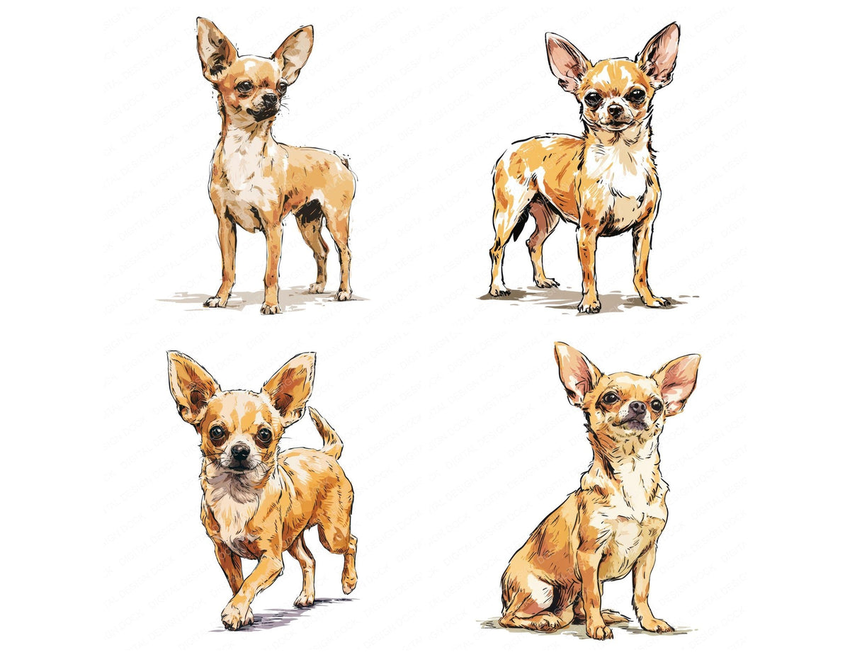 Four Chihuahua Watercolour Dog clipart designs from the set