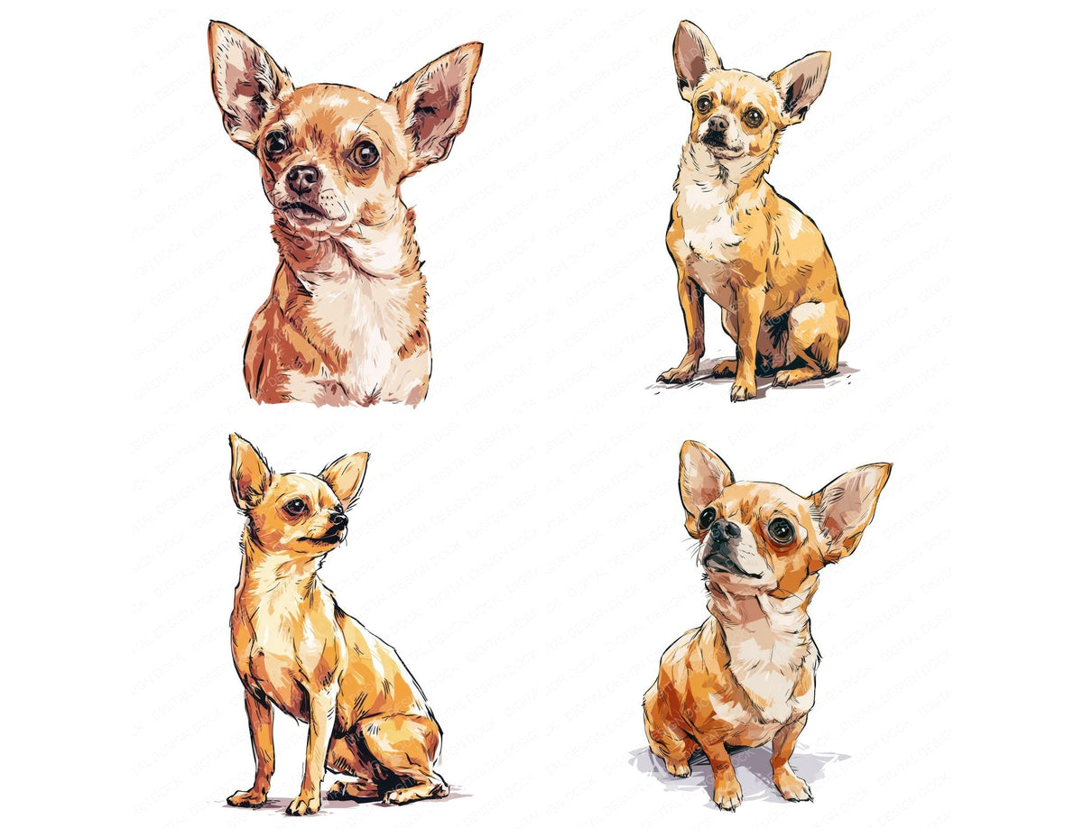 Four more Chihuahua Watercolour Dog clipart designs from the set