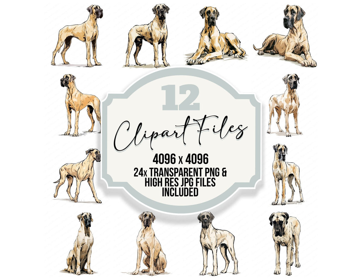Great Dane Watercolour Dog clipart set cover showing the designs and file details