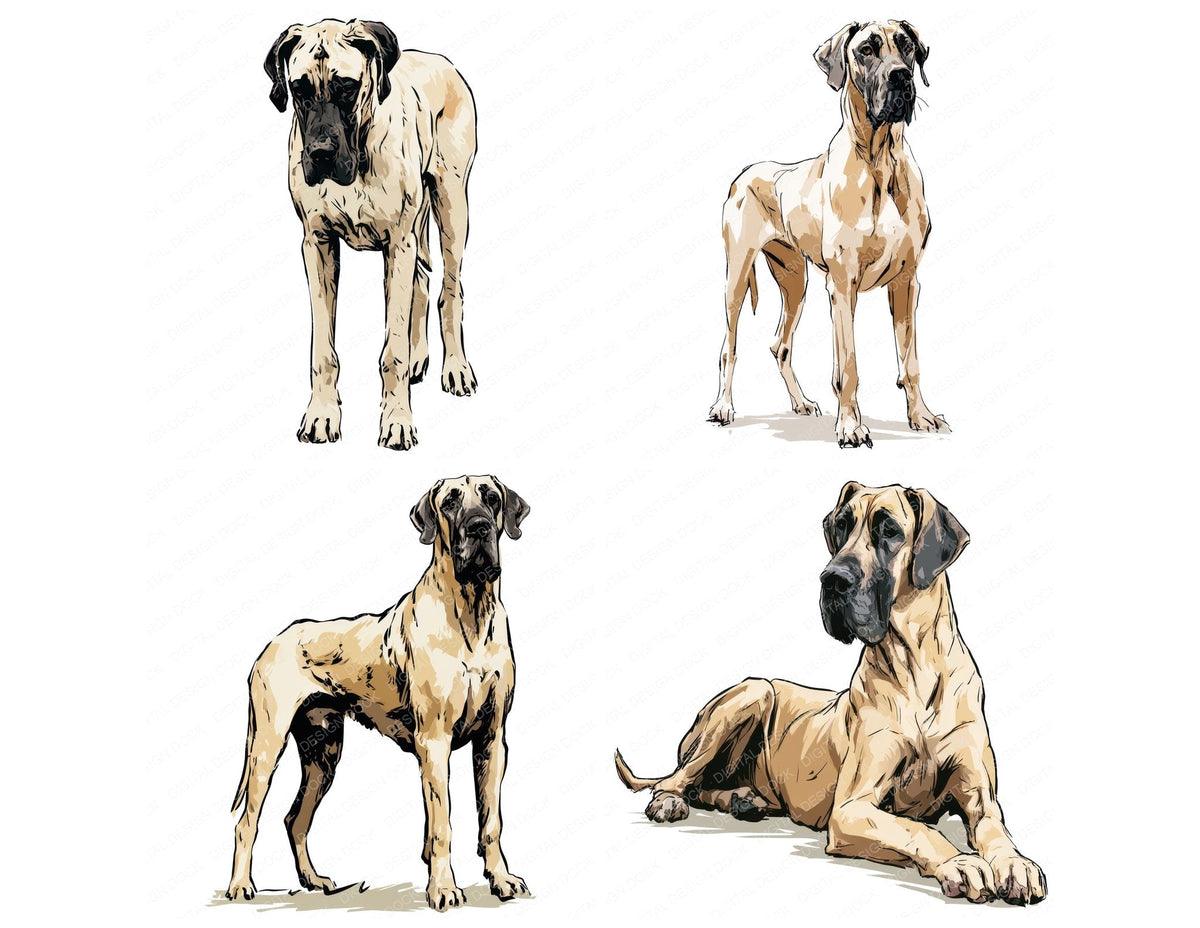 Four more Great Dane Watercolour Dog clipart designs from the set