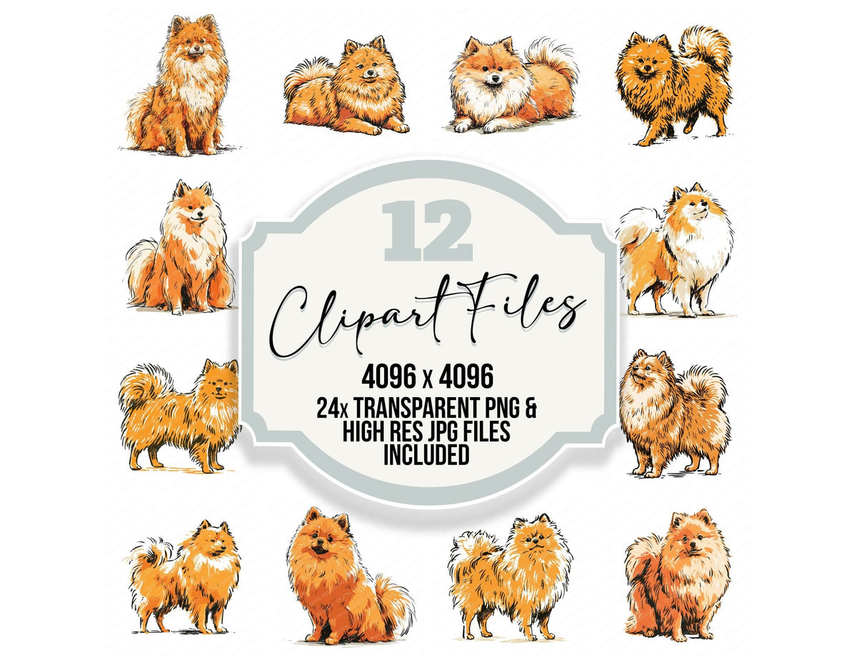 Pomeranian Watercolour Dog clipart set cover showing the designs and file details