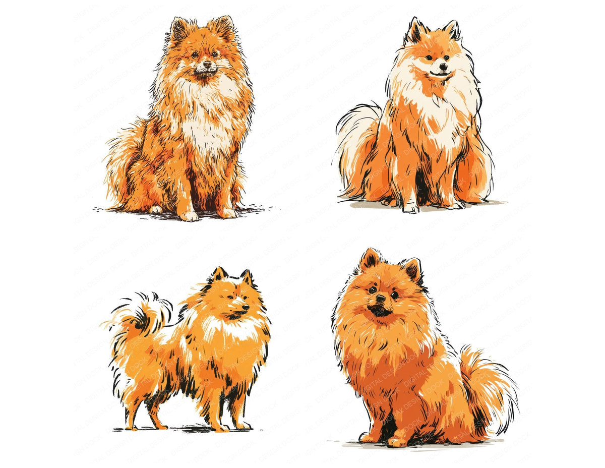 Four Pomeranian Watercolour Dog clipart designs from the set