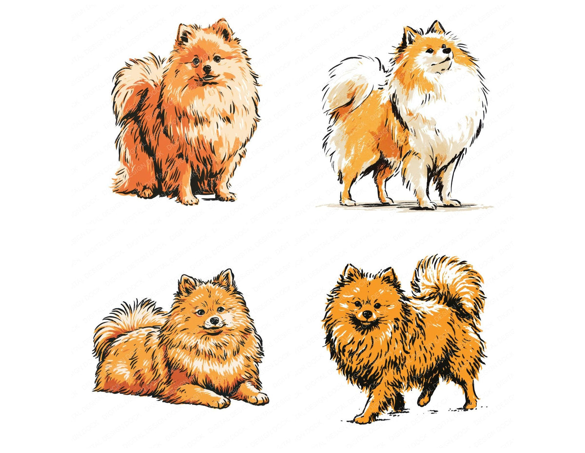 Four more Pomeranian Watercolour Dog clipart designs from the set