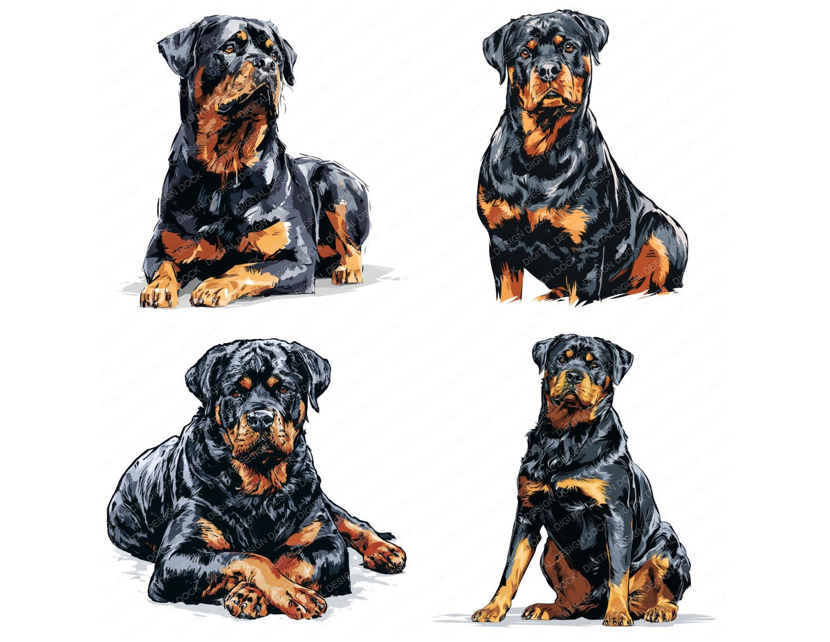 Four Rottweiler Watercolour Dog clipart designs from the set