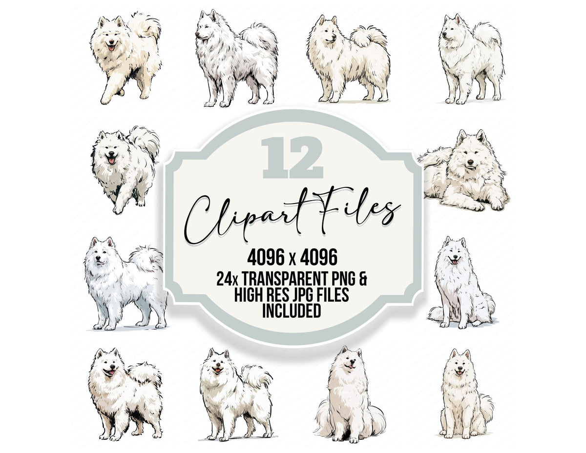Samoyed Watercolour Dog clipart set cover showing the designs and file details