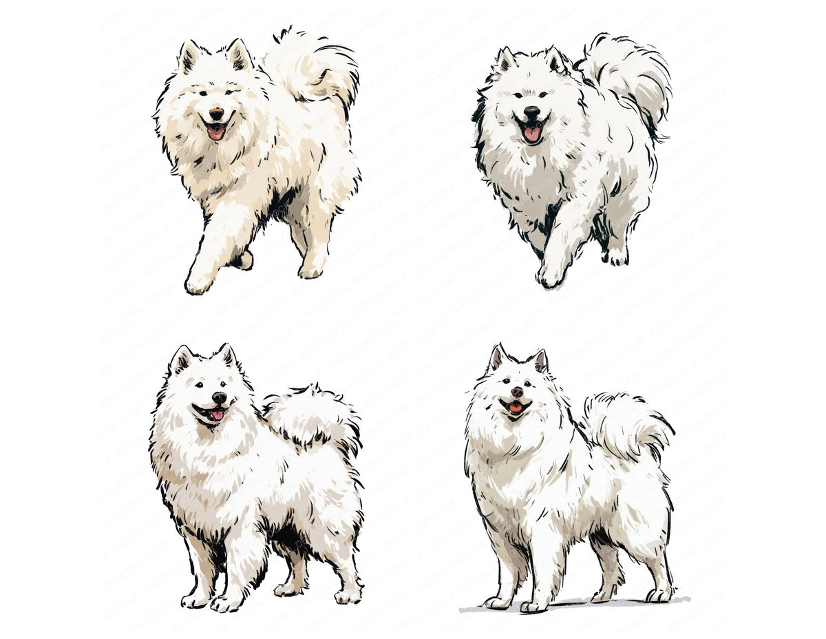 Four Samoyed Watercolour Dog clipart designs from the set