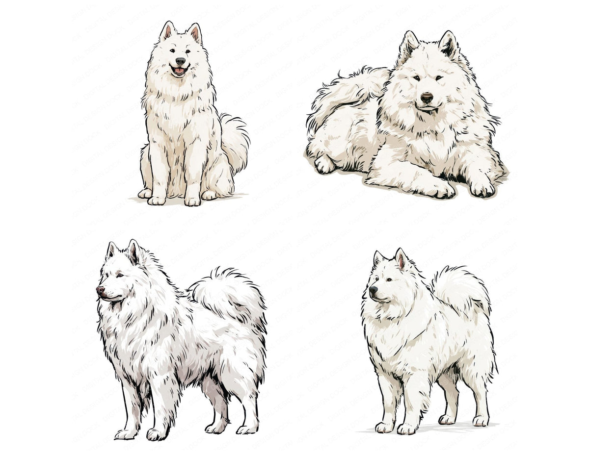 Four more Samoyed Watercolour Dog clipart designs from the set