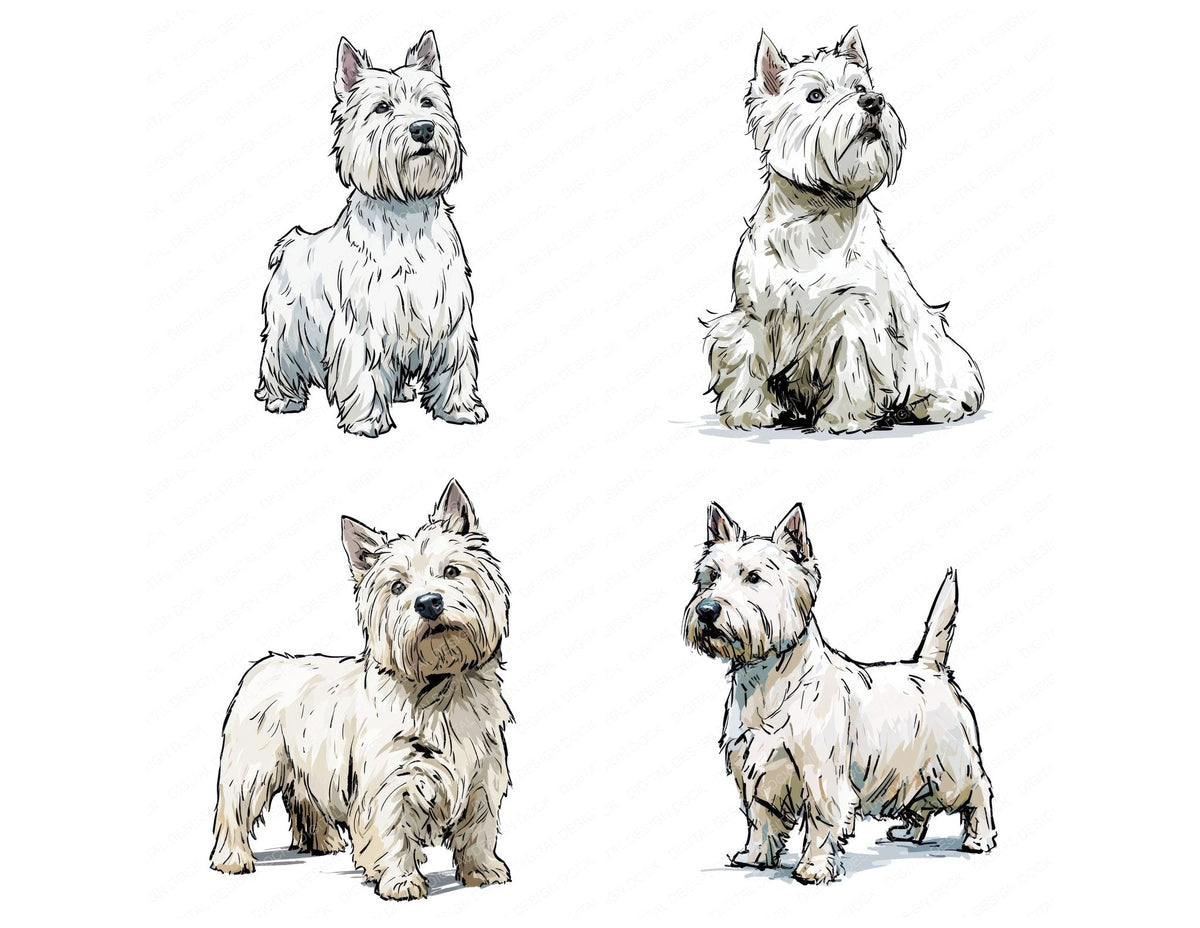 Four West Highland Terrier Watercolour Dog clipart designs from the set