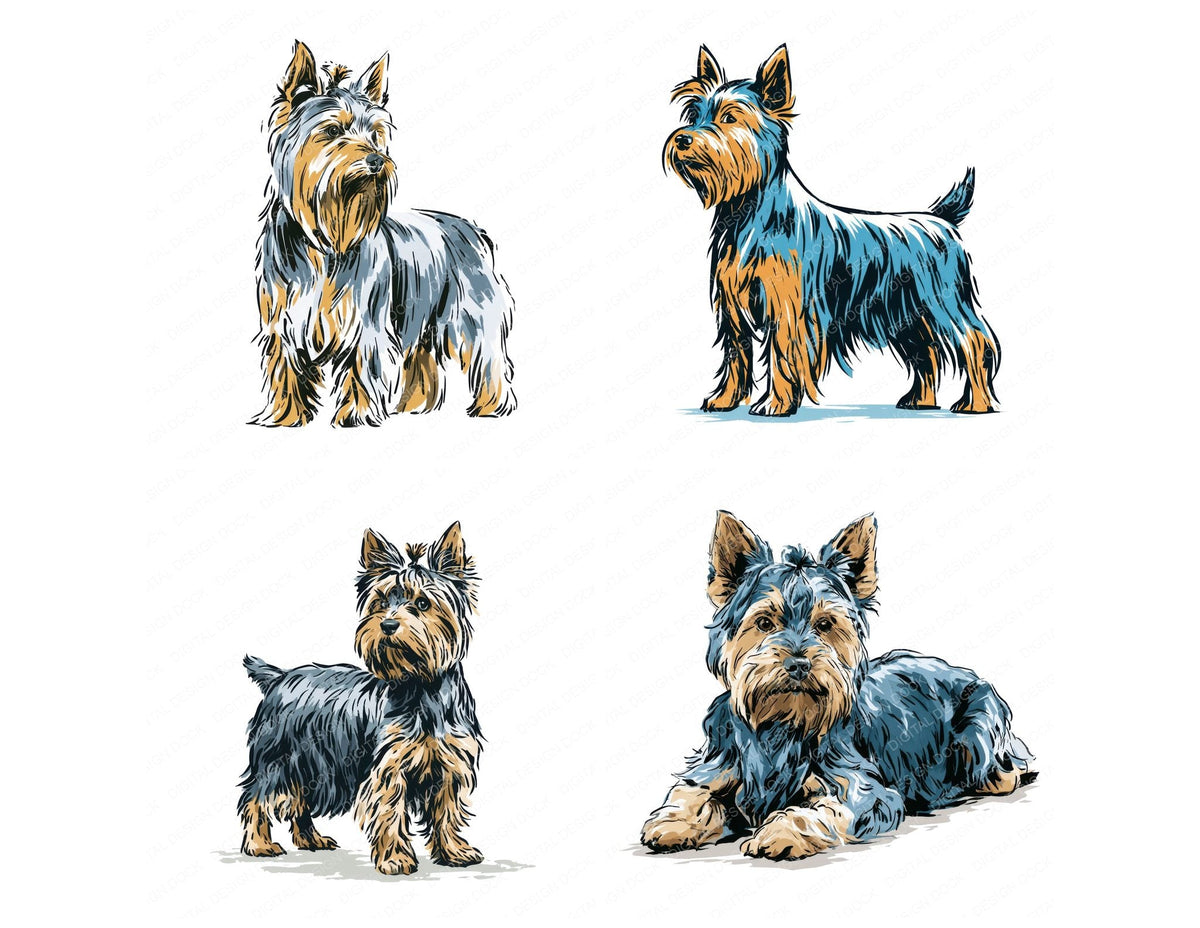 Four Yorkshire Terrier Watercolour Dog clipart designs from the set