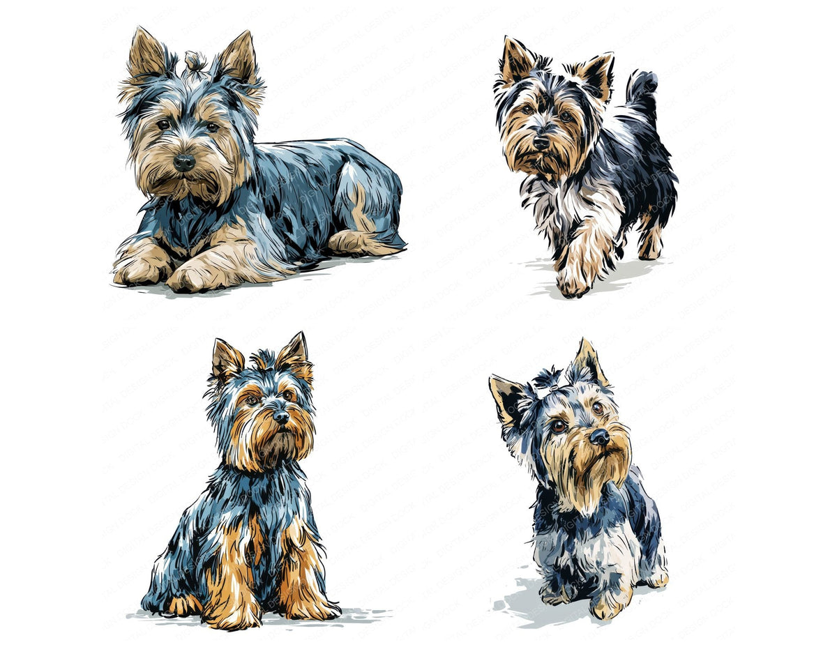 Four more Yorkshire Terrier Watercolour Dog clipart designs from the set