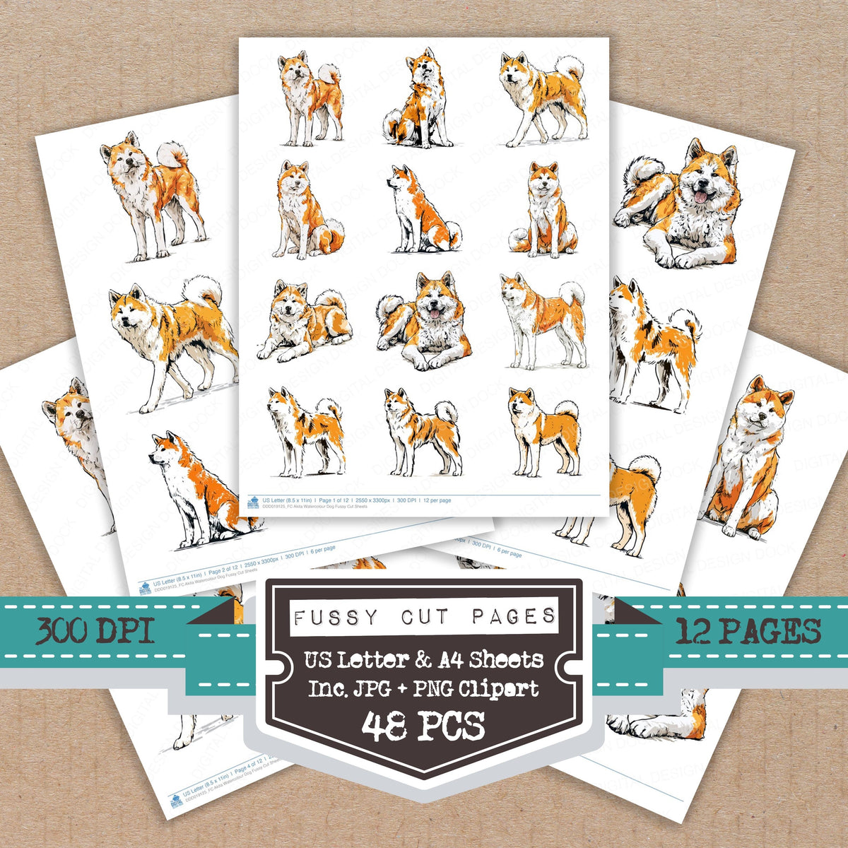 Akita Watercolour Dog fussy cut printable sheets for junk journaling, scrapbooking, and paper craft projects