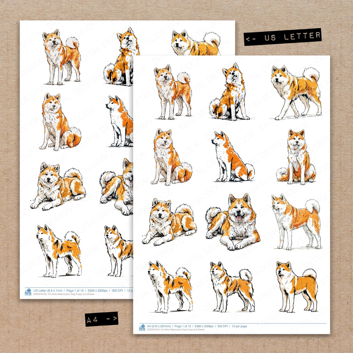 A4 and US Letter format comparison showing Akita Watercolour Dog fussy cut pages for print and cut crafting