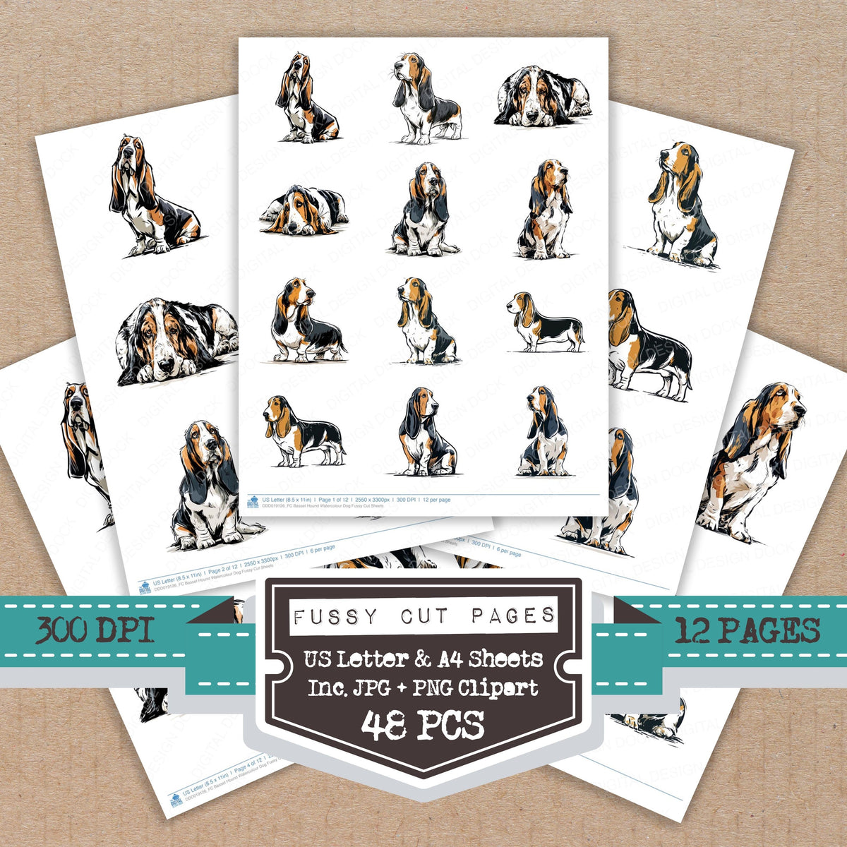 Basset Hound Watercolour Dog fussy cut printable sheets for junk journaling, scrapbooking, and paper craft projects
