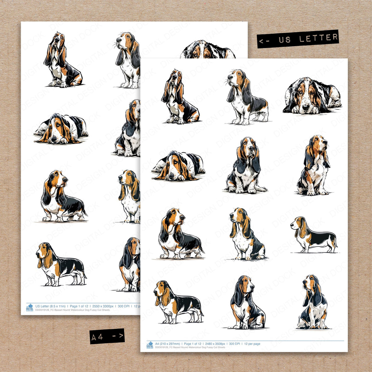 A4 and US Letter format comparison showing Basset Hound Watercolour Dog fussy cut pages for print and cut crafting